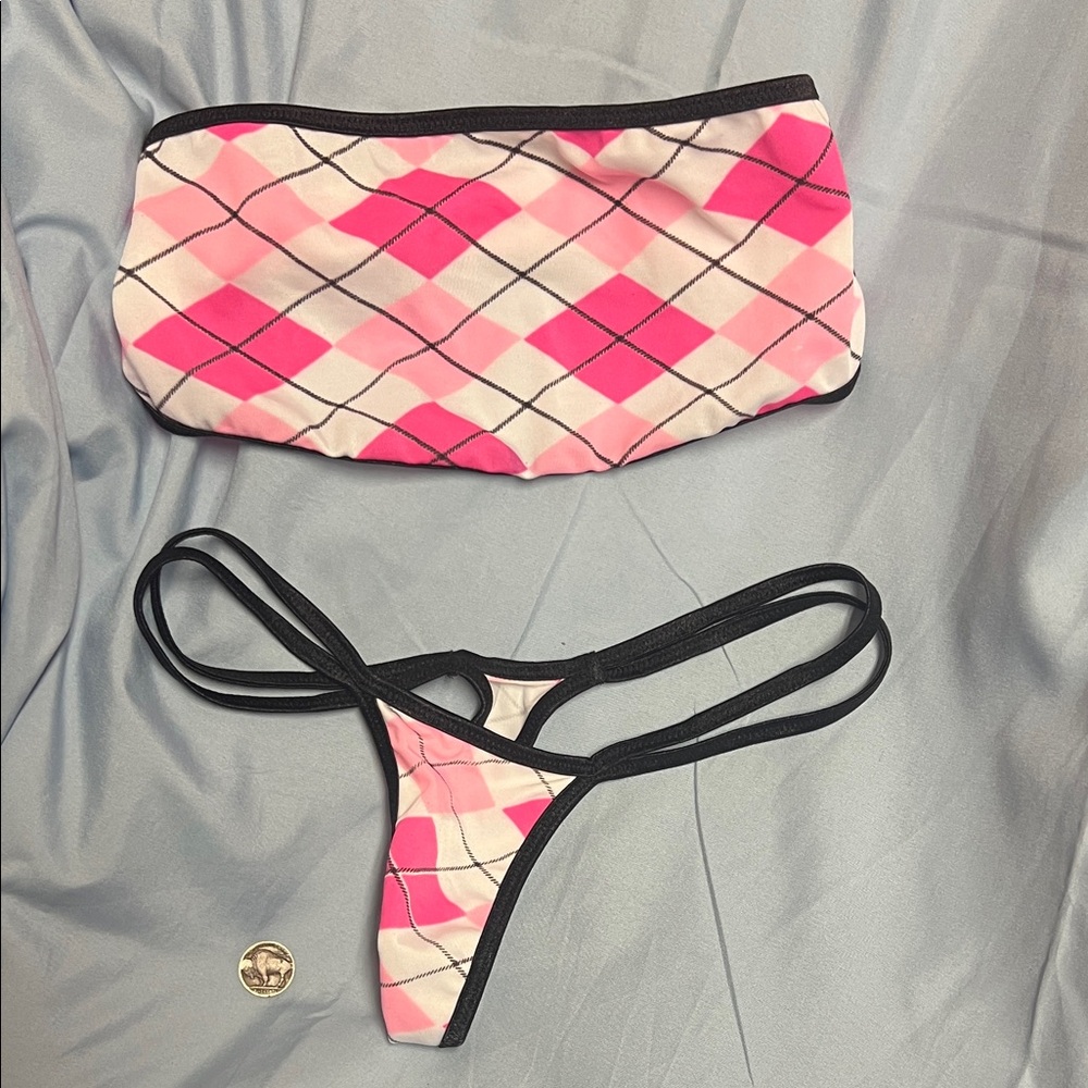 Pink and Black Argyle Bikini Set